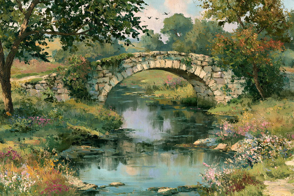 Stone bridge arching over a still green stream