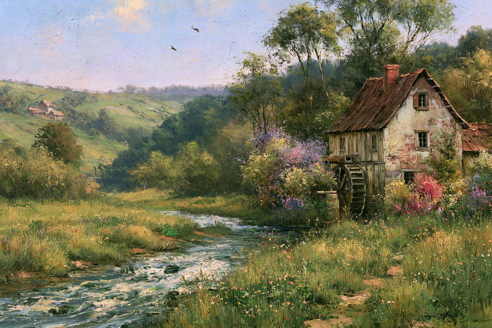 Farmhouse with a water wheel beside a rushing stream