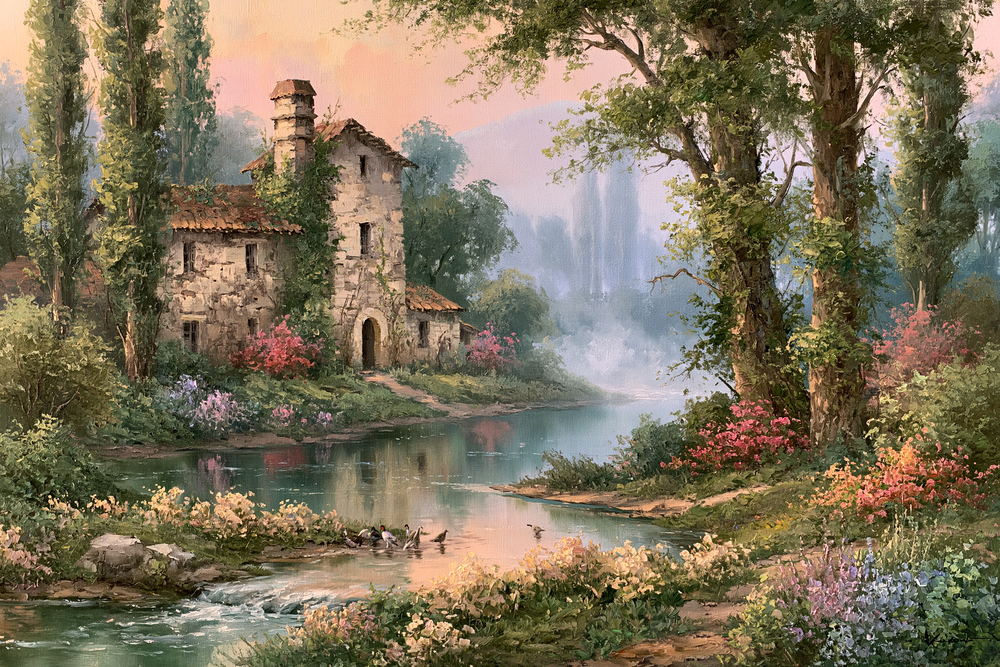 Stone cottage with a tower at the edge of a misty stream