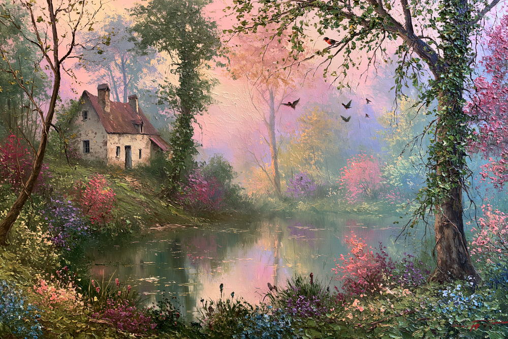Pastel cottage beside a pond under blossoming trees